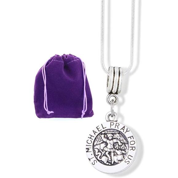 Saint Michael Pray for Us Round Charm Snake Chain Necklace - Picture 1 of 6
